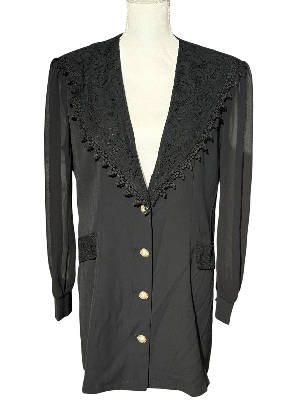 Nasty Gal Lace Collar Blazer Dress Black Long Sheer Sleeve Pearl Gold Button US0